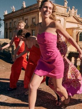 New Sezane Pink Hortense Dress Sweetheart Strapless Ruched Linen Mini Hot 12 NWT